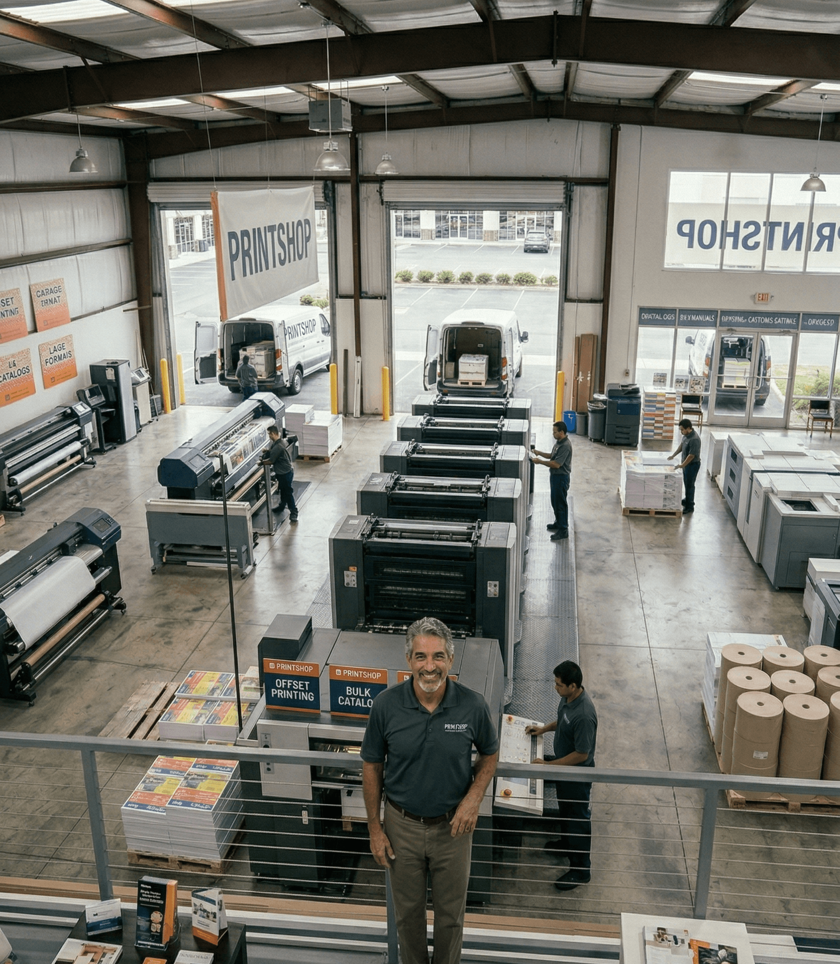 Print shop owner in front of production equipment